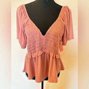 NWT - Arula Smocked V-Neck Short Sleeve Blouse in Mauve - Size XL